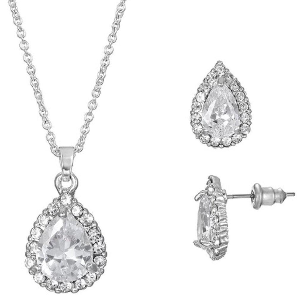 PRIMAVERA 2pc Contemporary Teardrop Silver Plated Clear CZ Necklace & Earrings